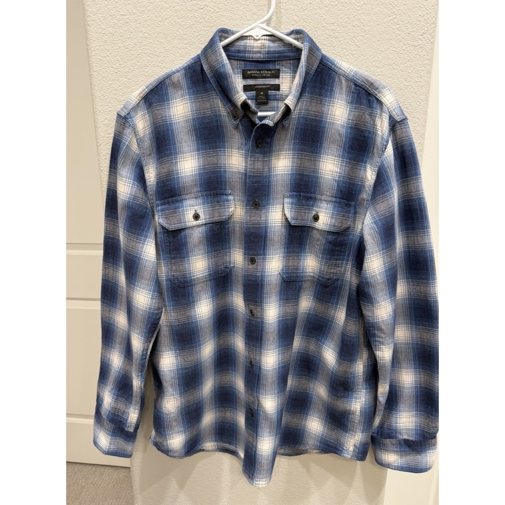 Men's Banana Republic Organic Cotton Blue Plaid Long-sleeve Button-Down Shirt M